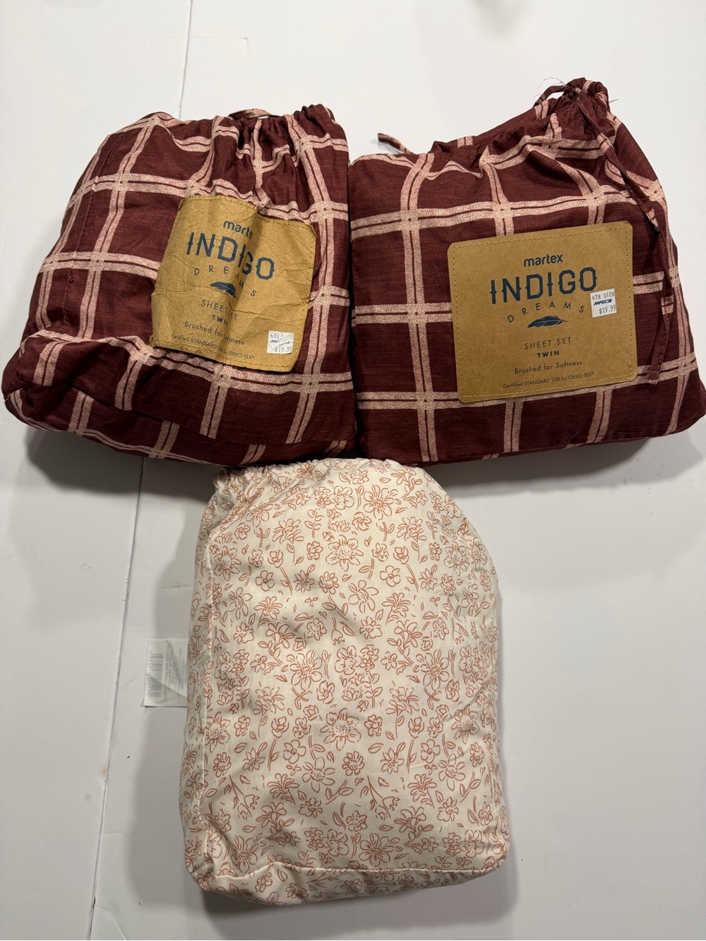 Martex Indigo Dreams Twin Sheet Set - Burgundy Plaid. 3 sets in matching bags